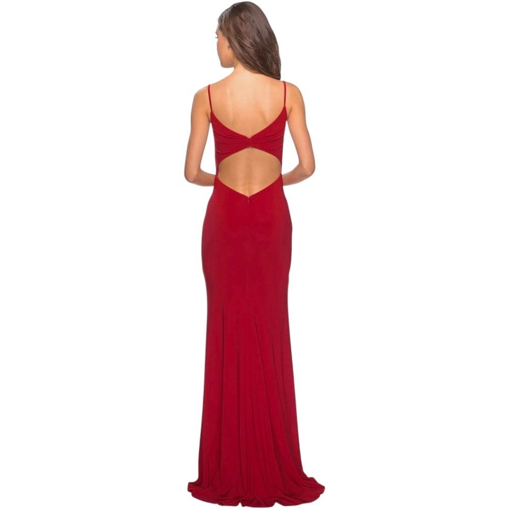 NWT La Femme 28079 Long Surplice Thigh High Slit Open Back Jersey Gown Size 8 - Picture 4 of 14
